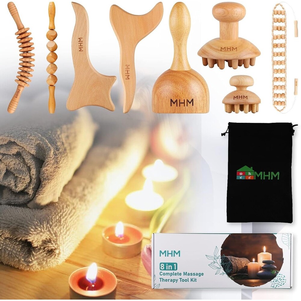 MHM 8 in 1 Wood Massage Therapy Tool Set Body Sculpting & Lymphatic Drainage